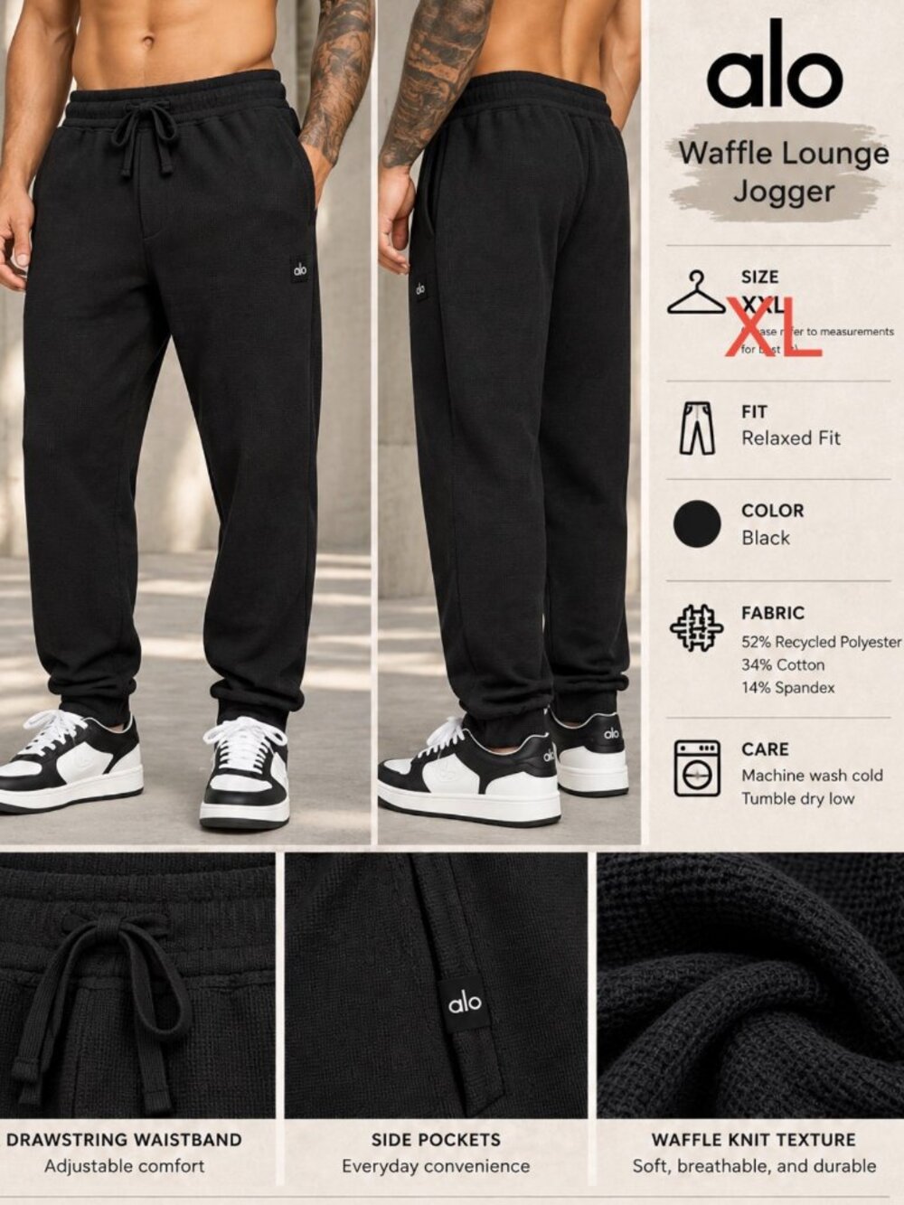 Mens ALO Yoga Waffle Lounge Sweat Pants Jogger Relaxed Fit Black NWT XL